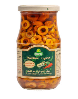 HALWANI SLICED GREEN OLIVES CHILI (650GMS)