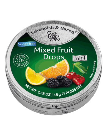 CAVENDISH & HARVEY SUGAR FREE MIXED FRUIT DROPS TINS (45GMS)