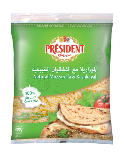 PRESIDENT SHREDDED MOZZARELLA & KASHKAVAL BAGS (400GMS)